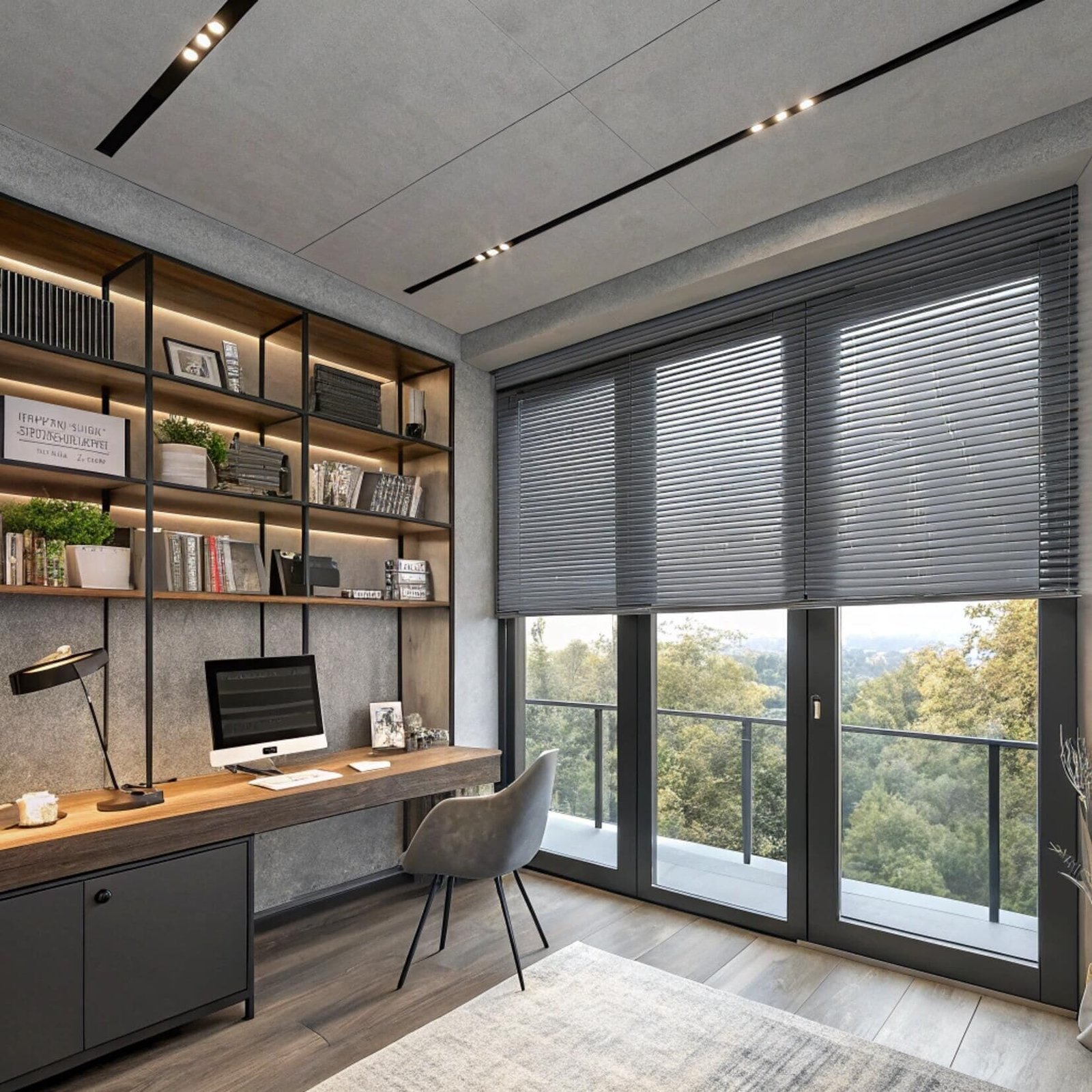 Industrial home office with gray venetian blinds and bookshelves