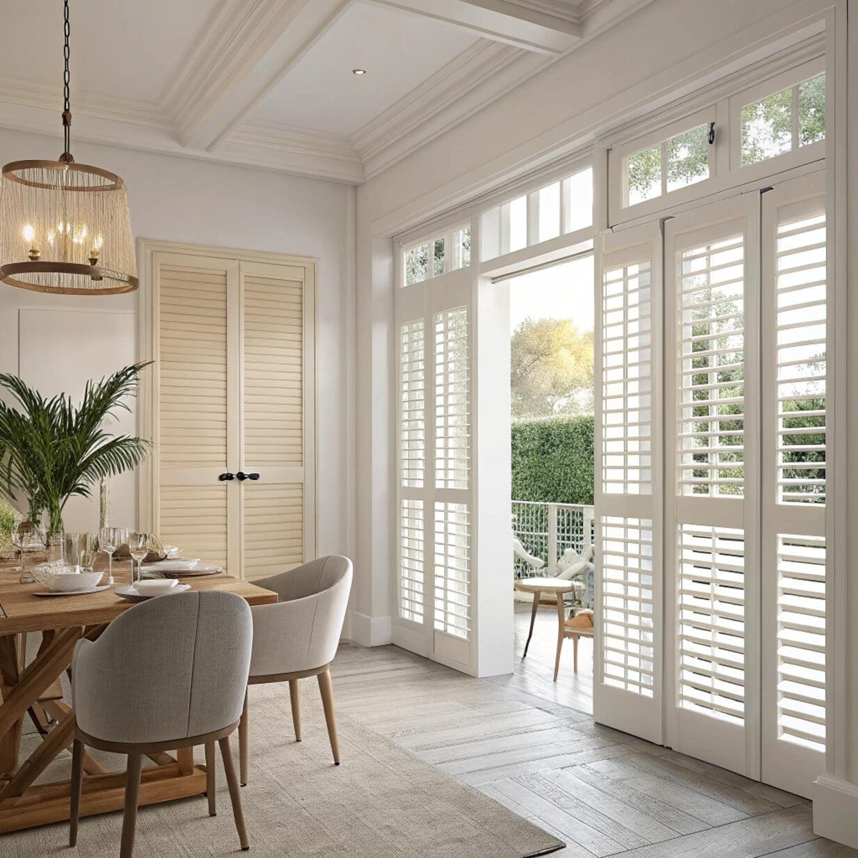 Dining room with white plantation shutters and chandelier