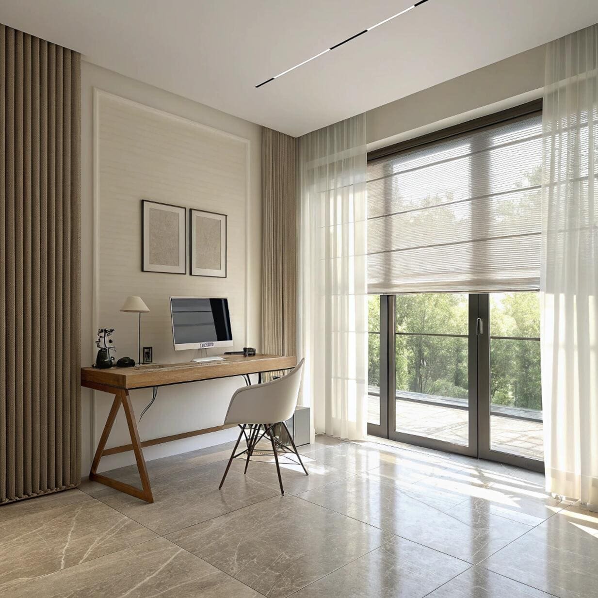 Home office with light filtering roller blinds