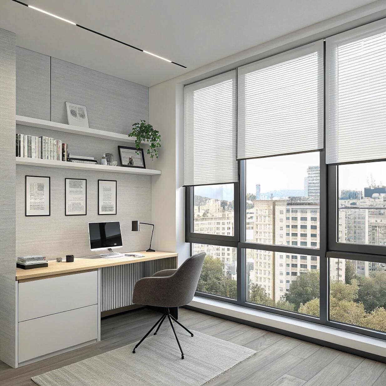 Home study with daylight-filtering blinds