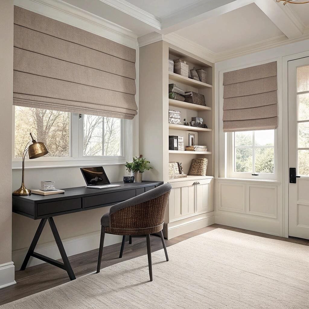 Home office with beige roman shades and shelves