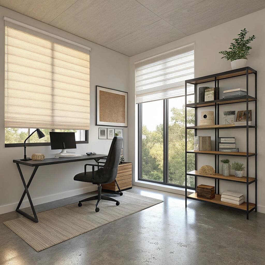Minimalist home office with soft roman shades