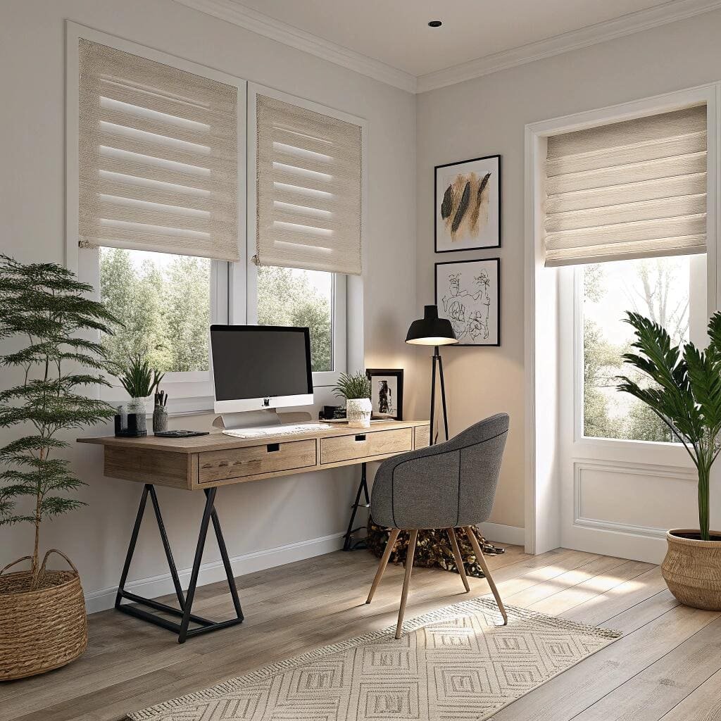 Home office featuring neutral roman blinds and wooden desk