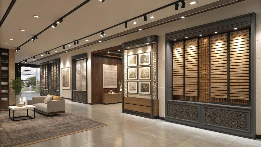 Showroom interior with designer window blinds displays