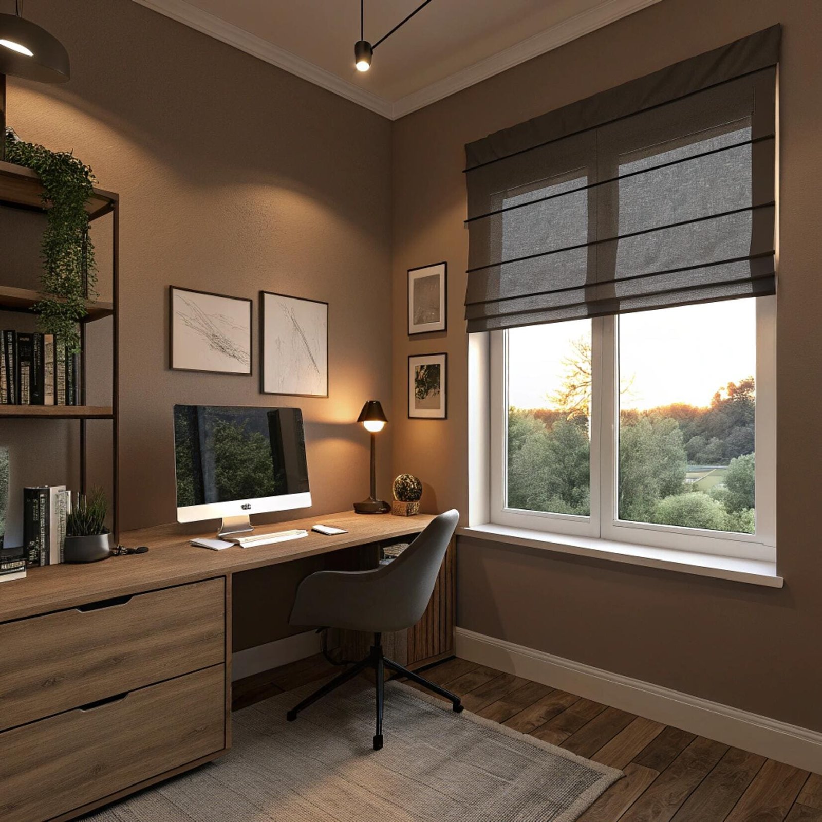 Cozy home office with dark textured roman shade