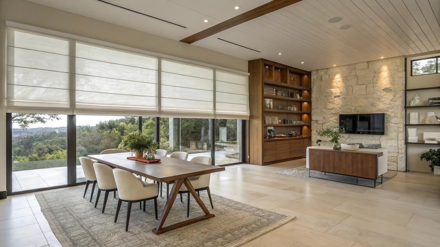 Contemporary dining room with large roman blinds