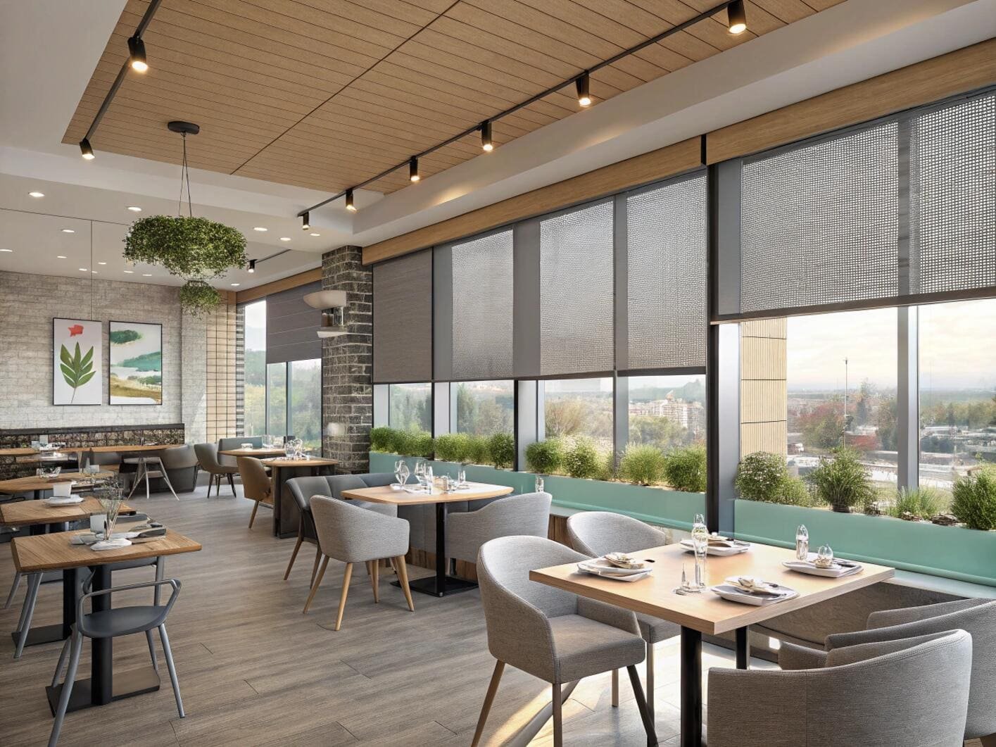 Modern cafe with solar roller shades