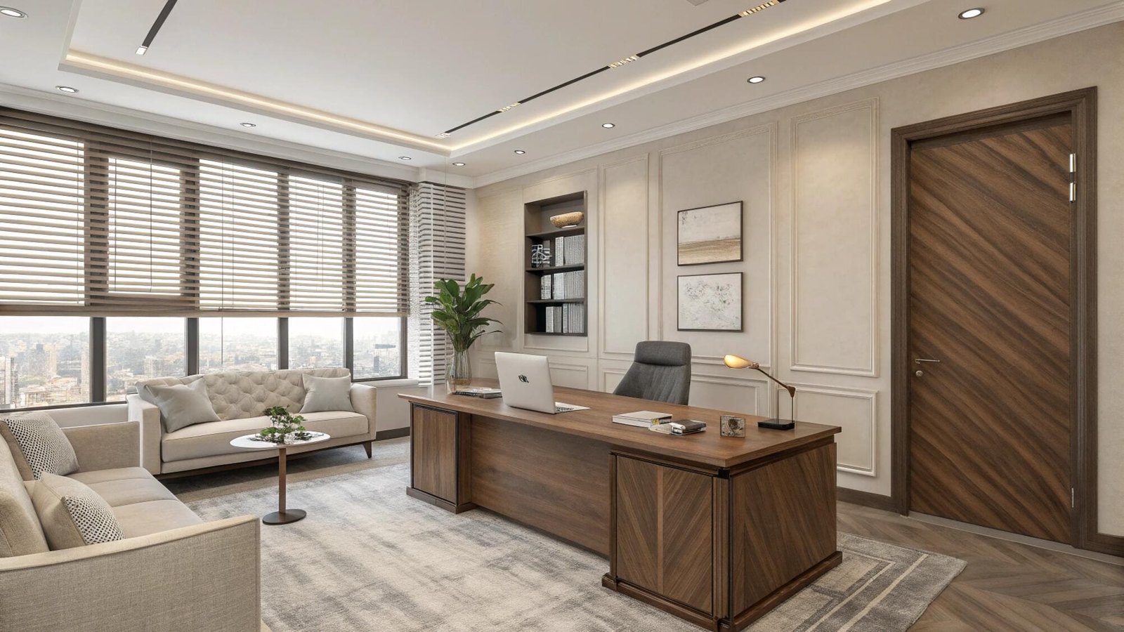 Private executive office with wood blinds and city view