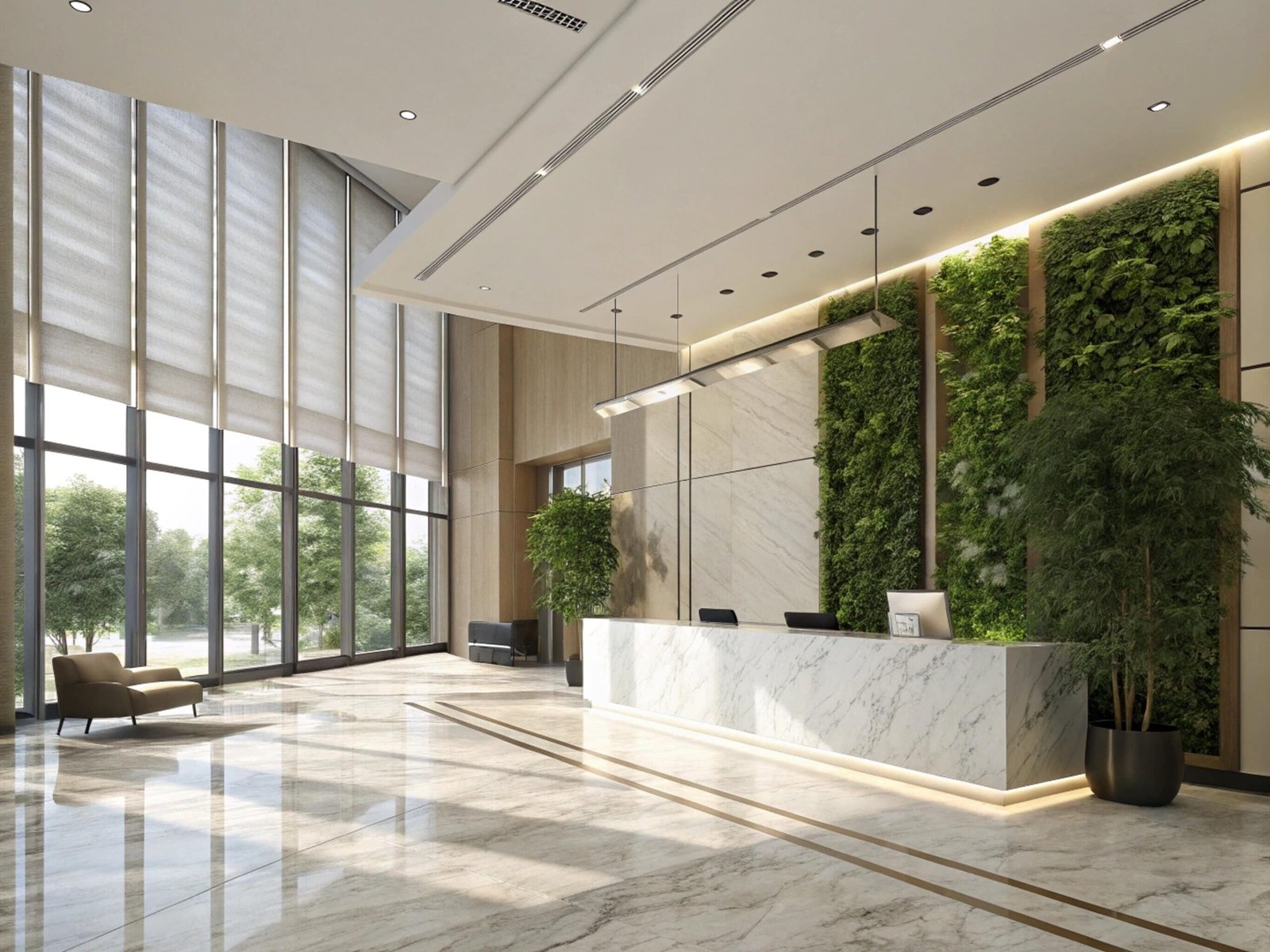 Luxury lobby with large motorized roller shades