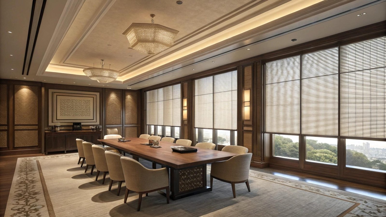 Luxury boardroom with elegant motorized roller blinds