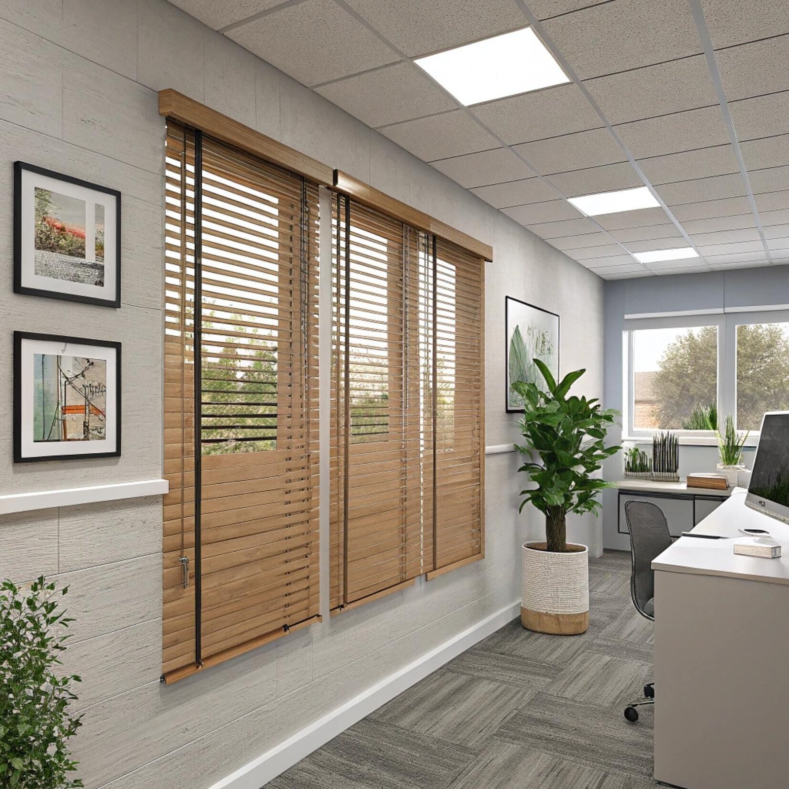 Modern office with wooden venetian blinds and plants