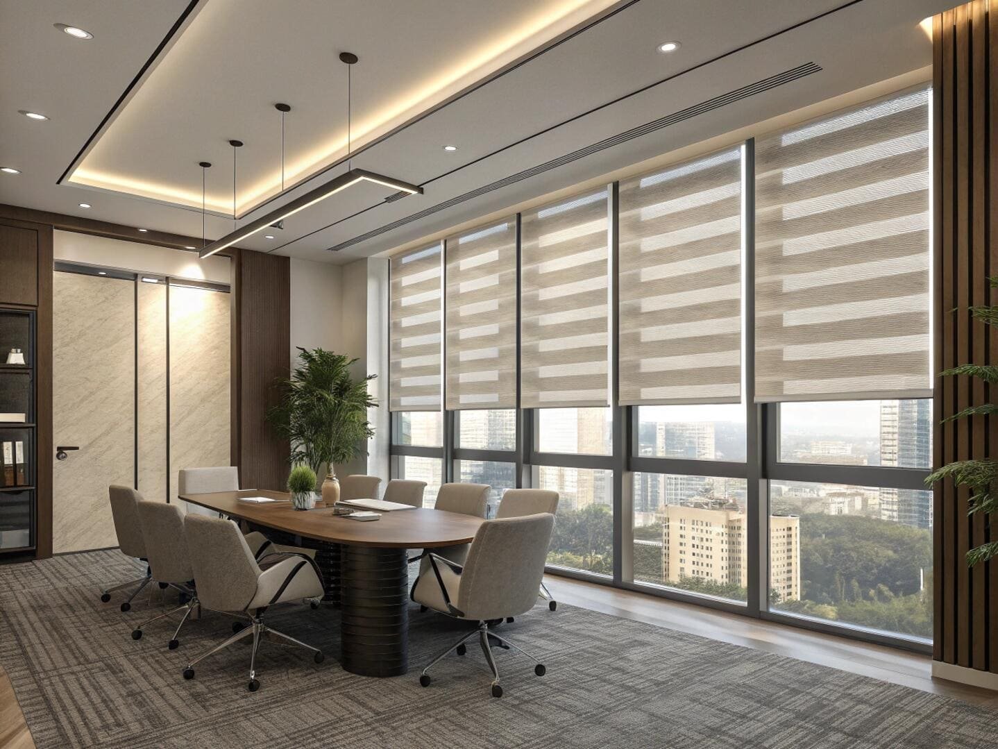 Conference room with zebra blinds and city view