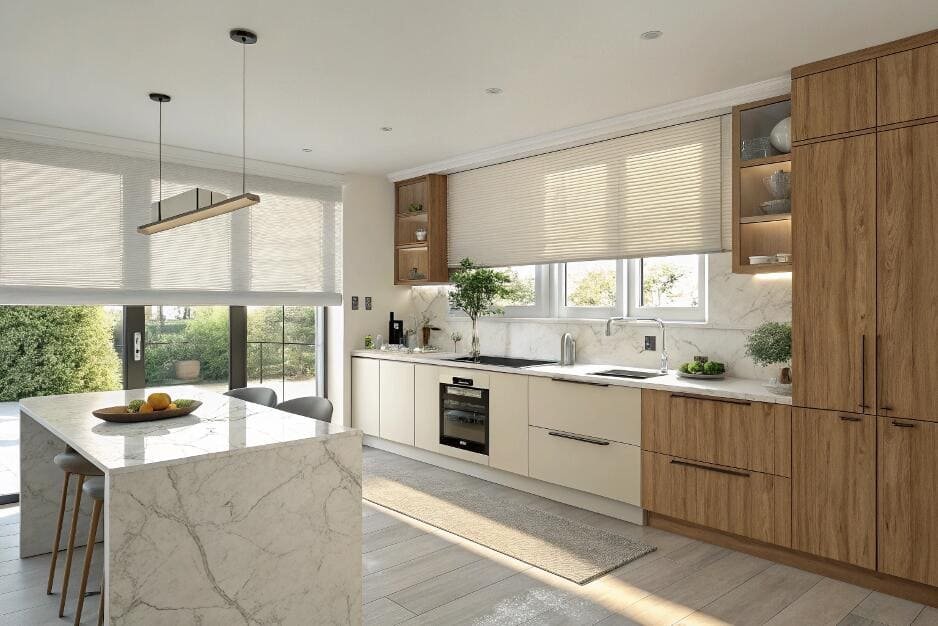 Bright kitchen with sheer roller blinds