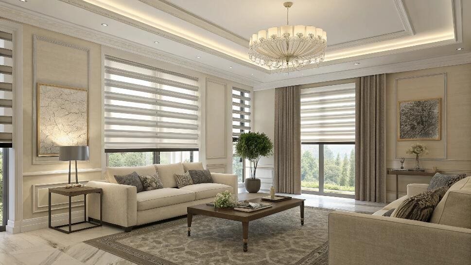 Elegant living room with zebra blinds