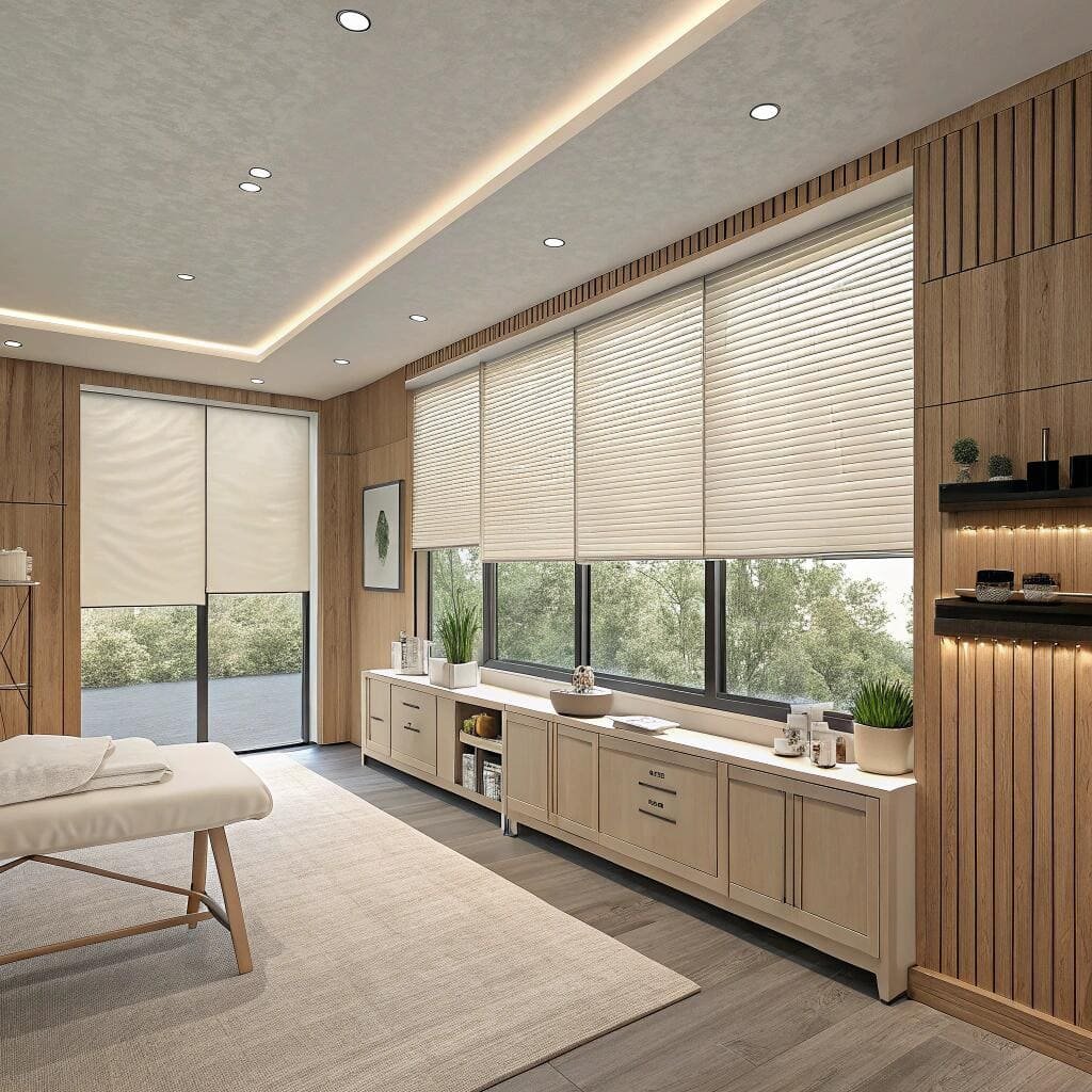 Spa room with cellular blinds and wood accents