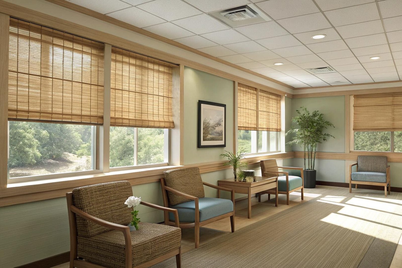 Healthcare waiting area with bamboo woven blinds