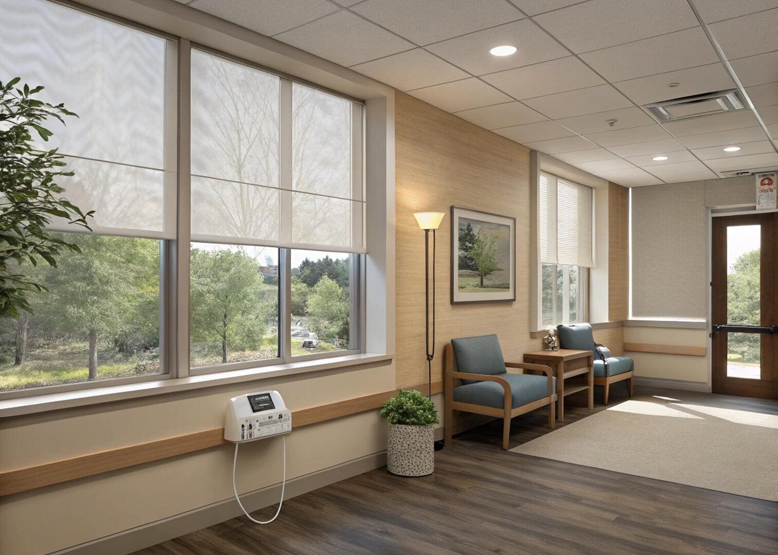 Healthcare waiting area with translucent roller blinds