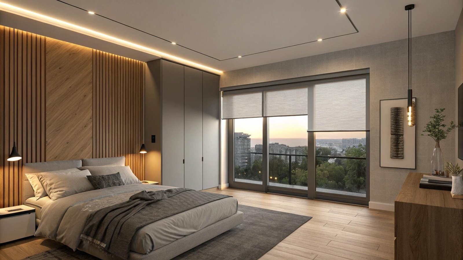 Minimalist bedroom with dual-layer roller blinds