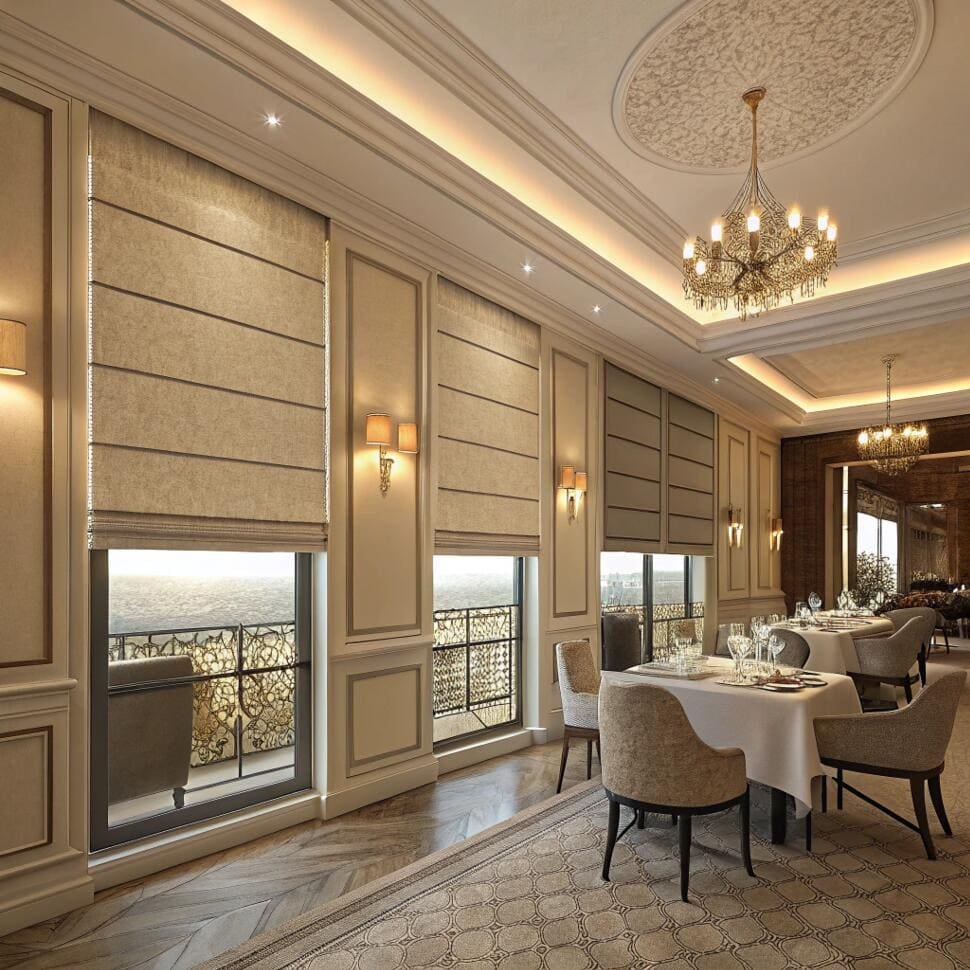 Luxurious restaurant with gold roman blinds