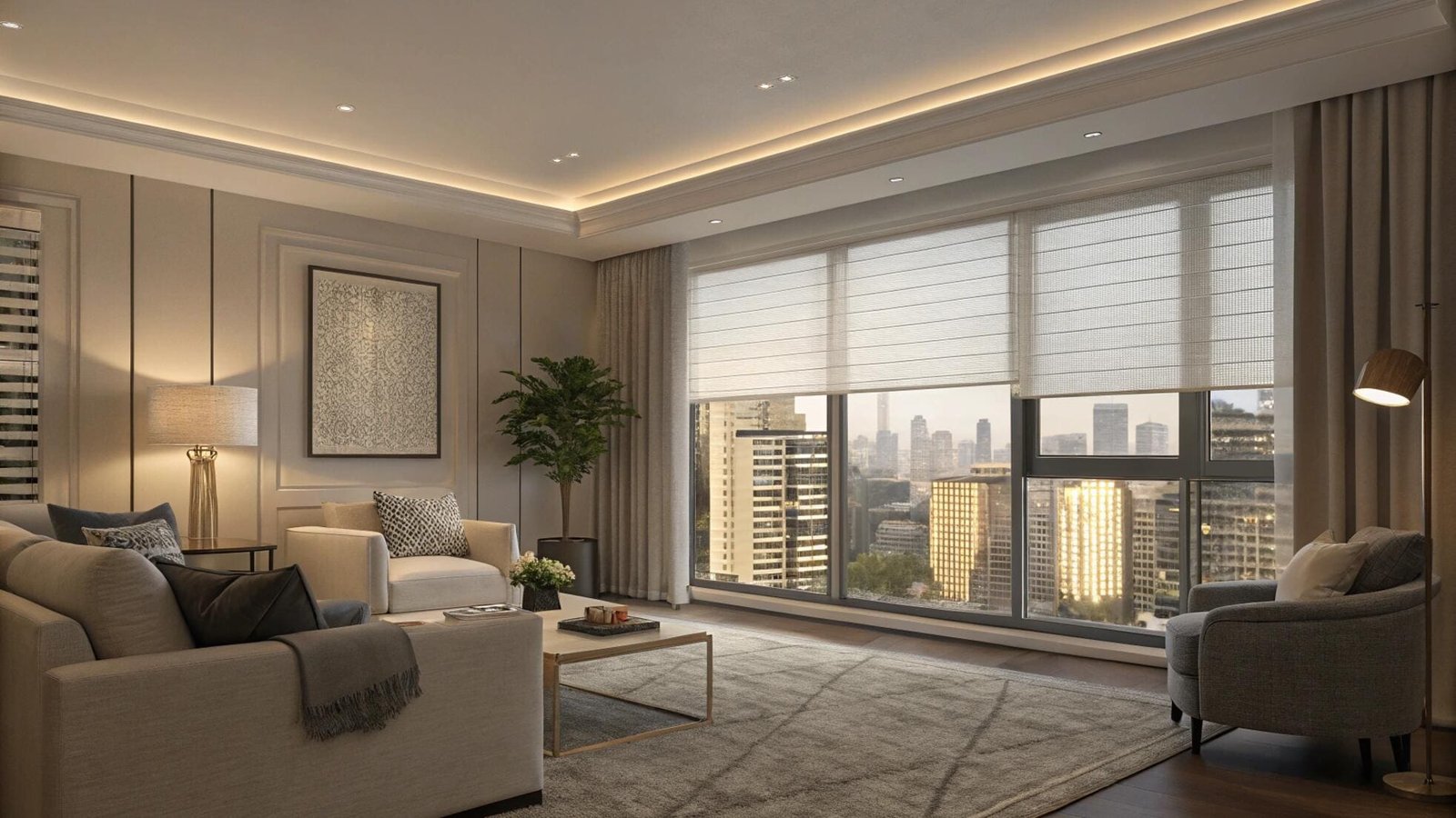 Modern living room with light-filtering roman blinds