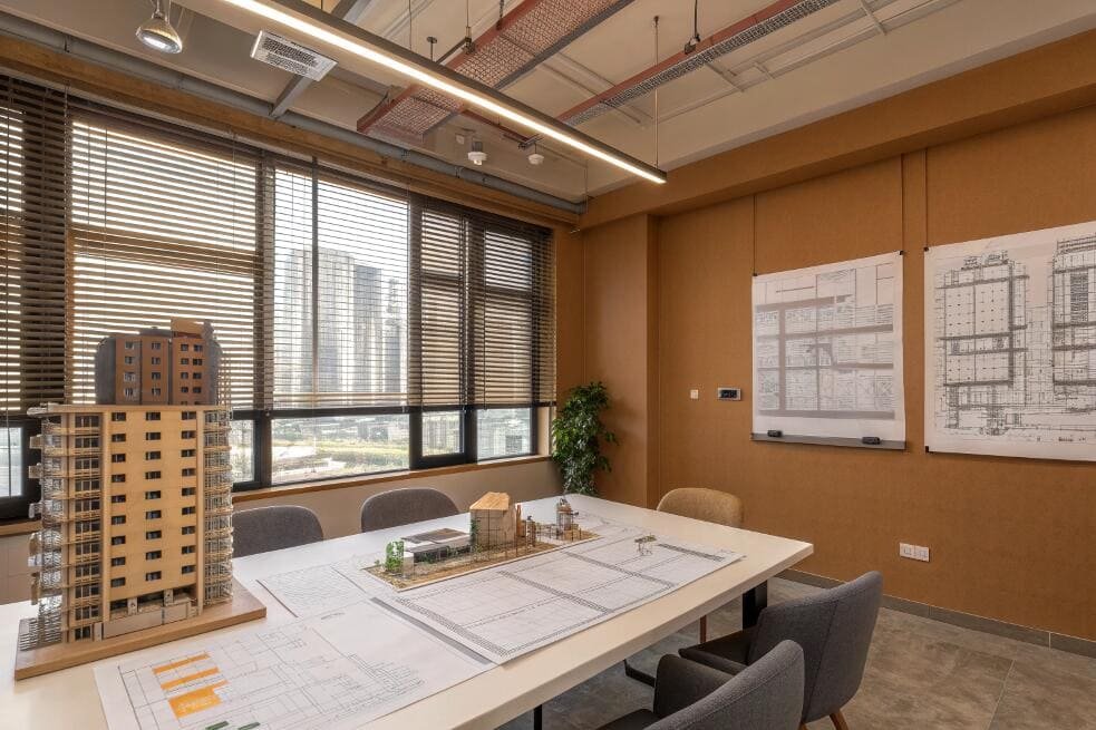 Architectural design meeting room with dark venetian blinds