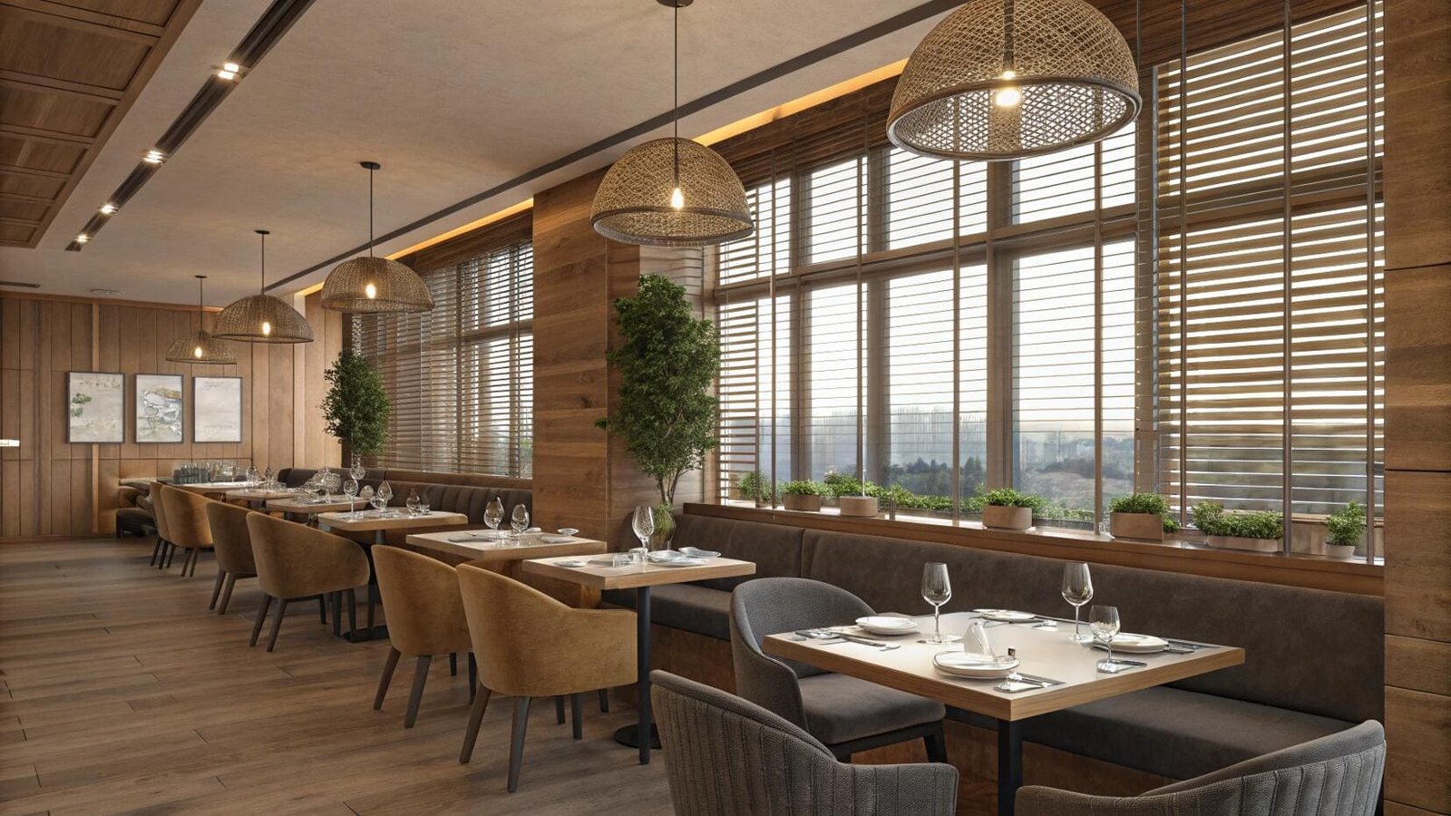 Contemporary restaurant with wood venetian blinds and soft lighting