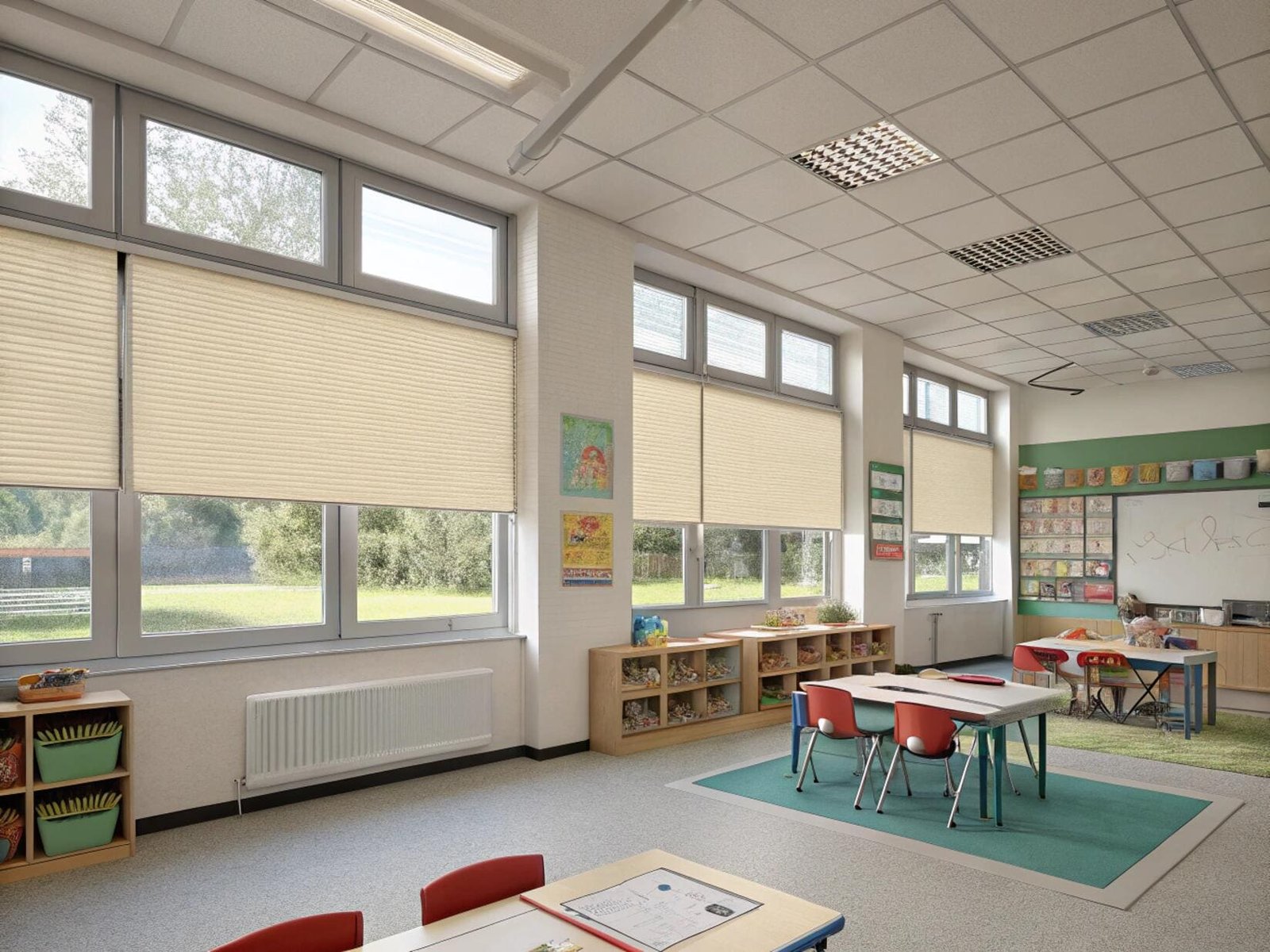Creative classroom with honeycomb blinds and children’s artwork