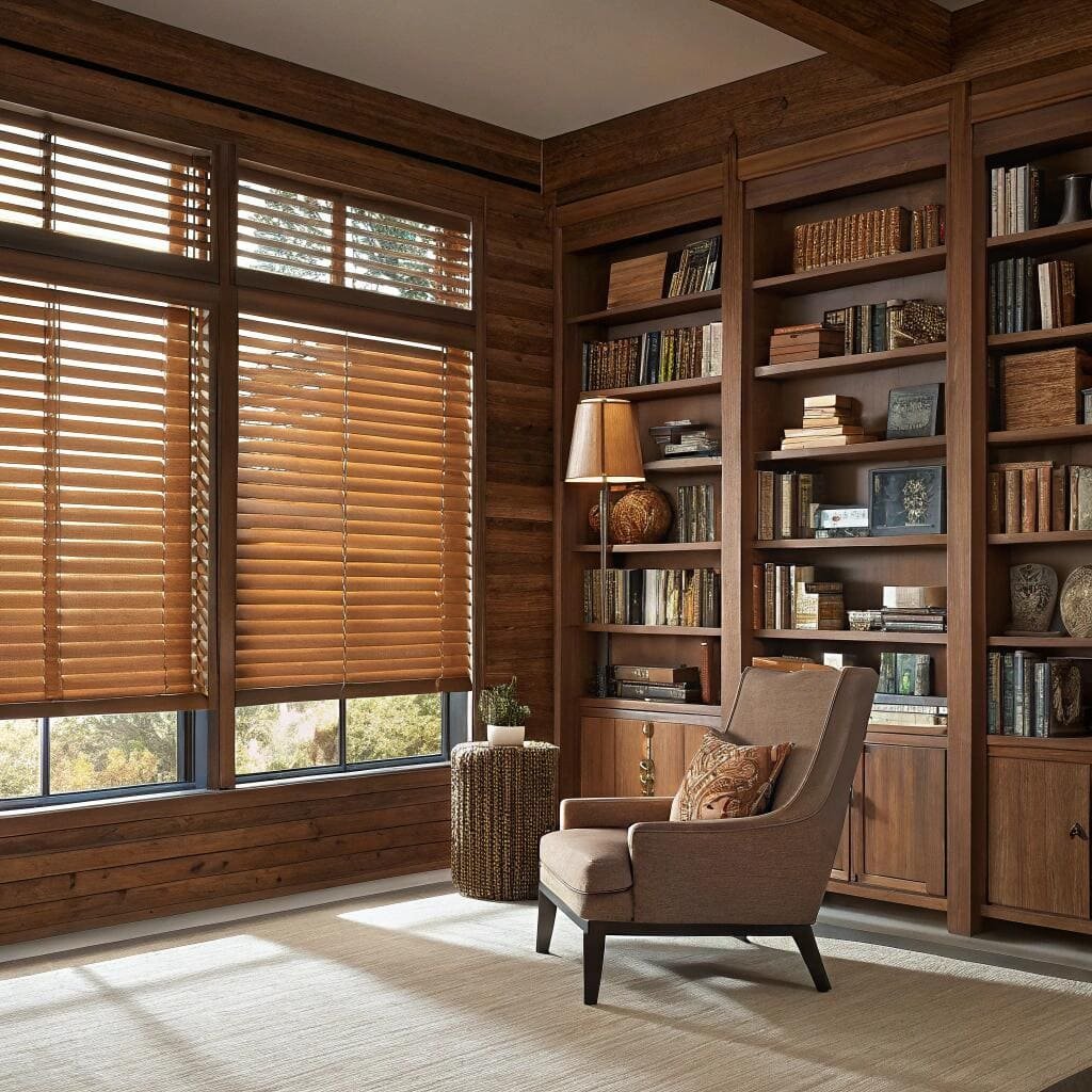 Home library with wooden blinds and bookshelves