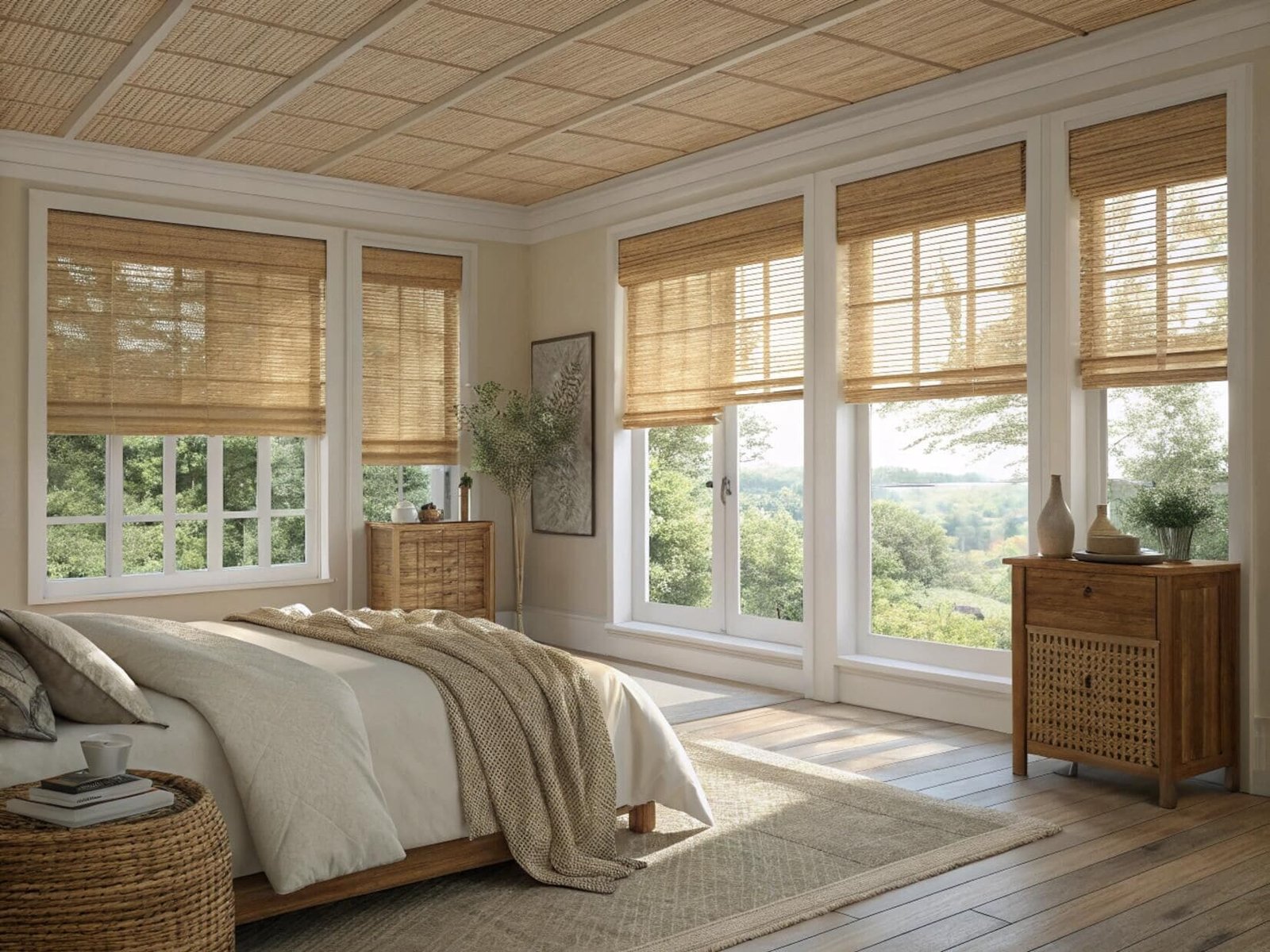 Woven bamboo shades brighten up modern bedroom windows
