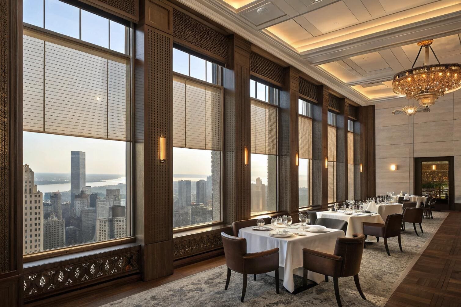 Luxury restaurant with panoramic blinds and skyline view