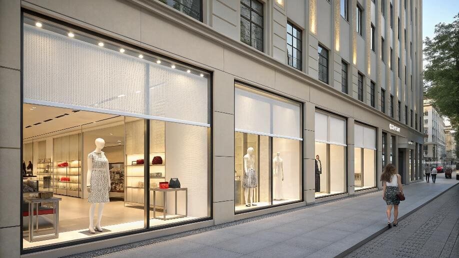 Retail store exterior displays automated roller shades on large showcase windows