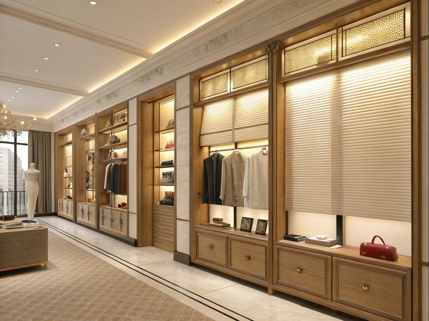 Luxury walk-in closet with custom pleated window blinds