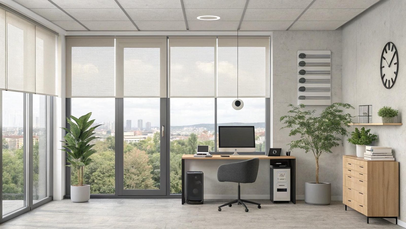 Bright office space featuring light-filtering roller shades and city view