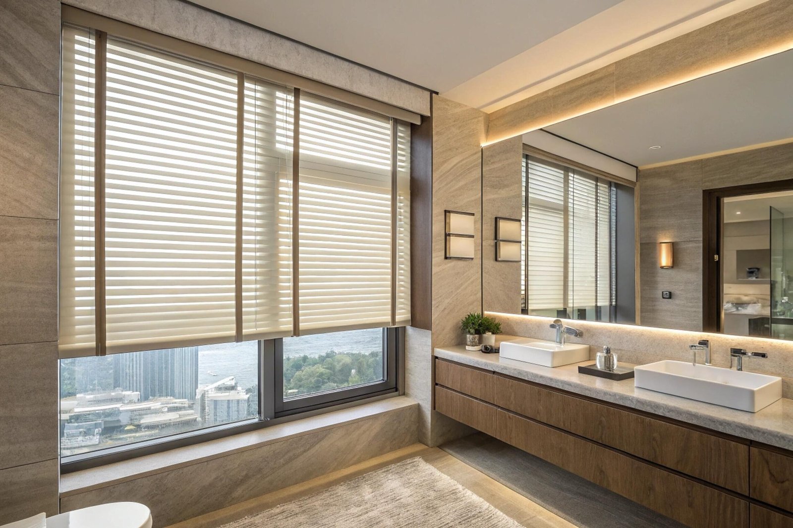 Luxury bathroom with wide slat window blinds providing city view privacy