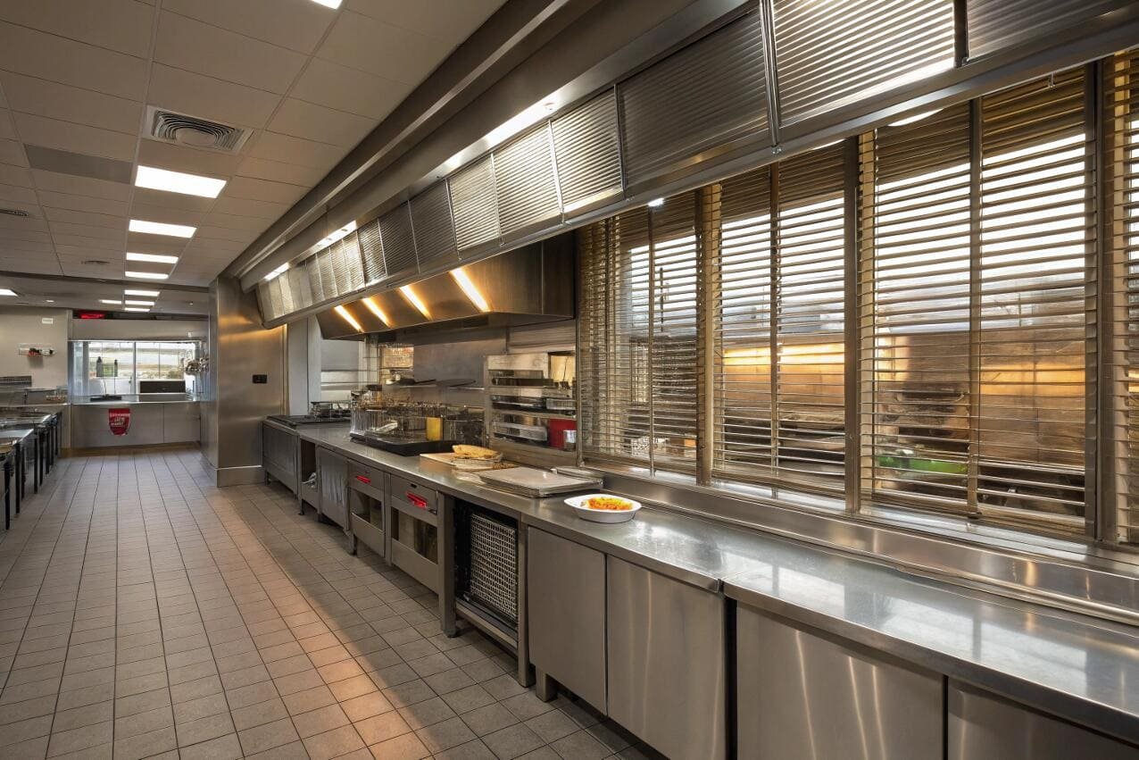 Commercial kitchen featuring dark wood-look horizontal blinds