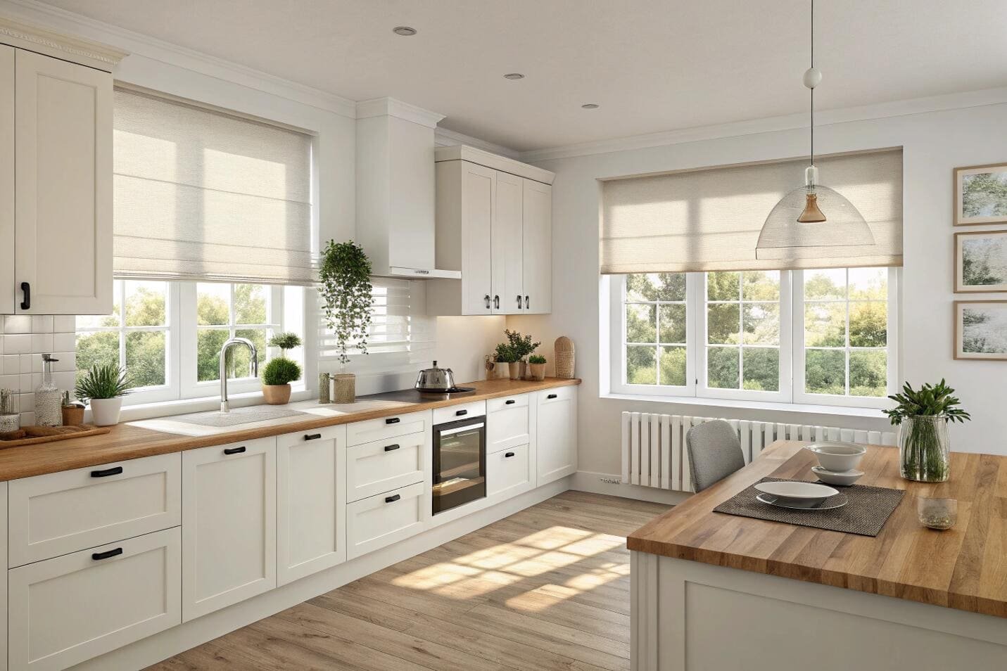 Bright kitchen with light beige roman shades over large windows
