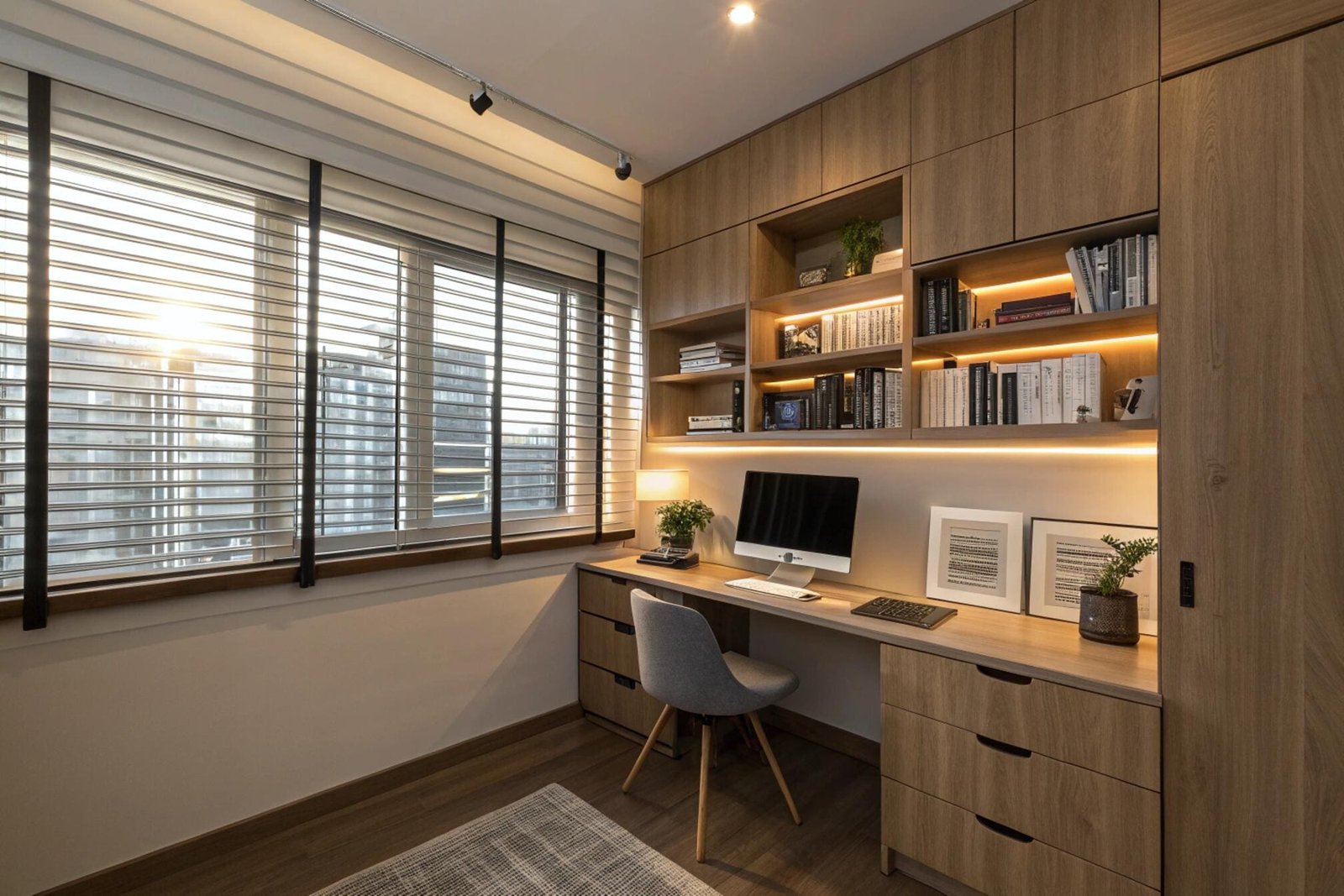 Home office with horizontal blinds and built-in wooden shelving