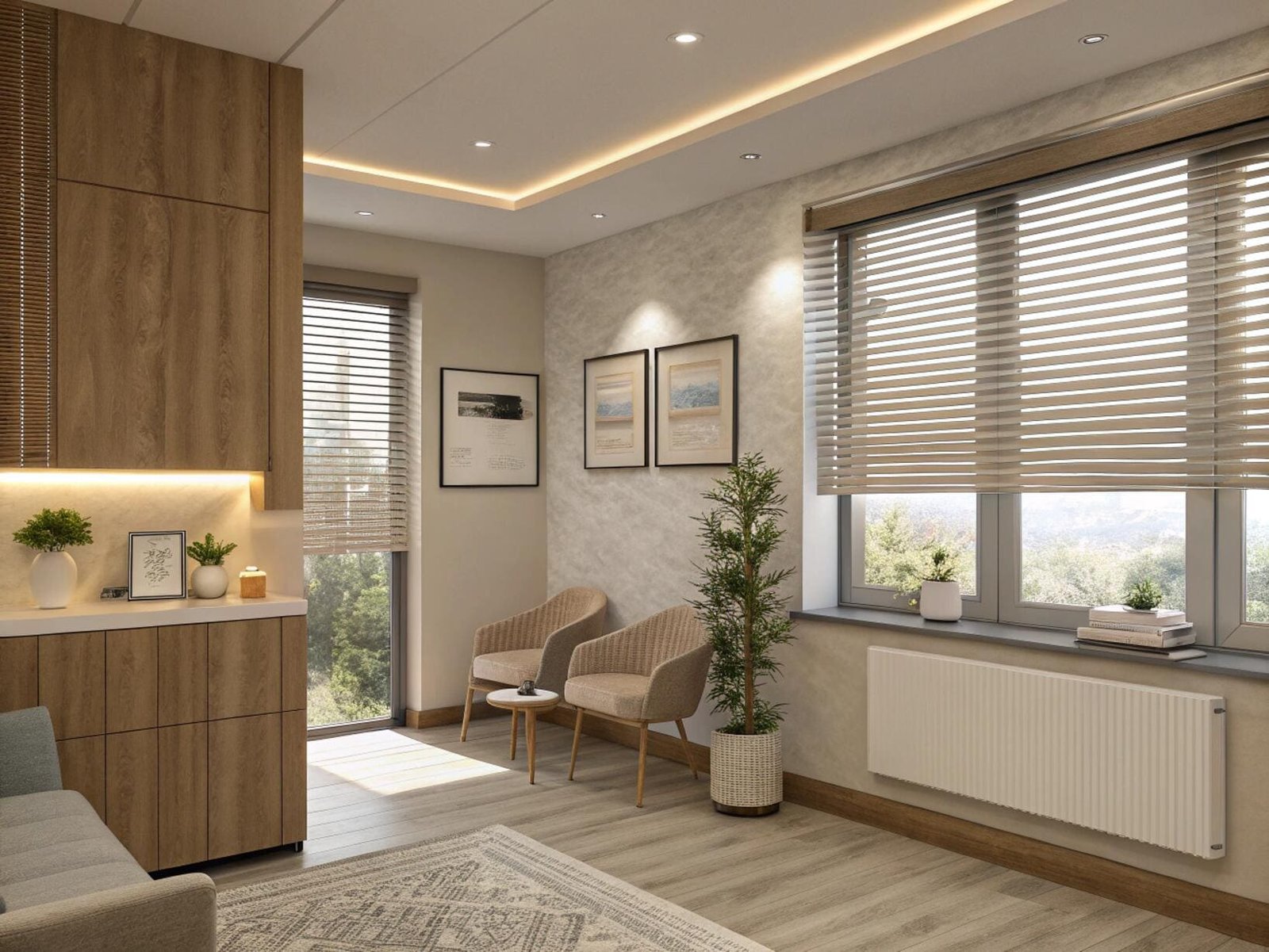 Cozy waiting room with light wood horizontal blinds and natural views