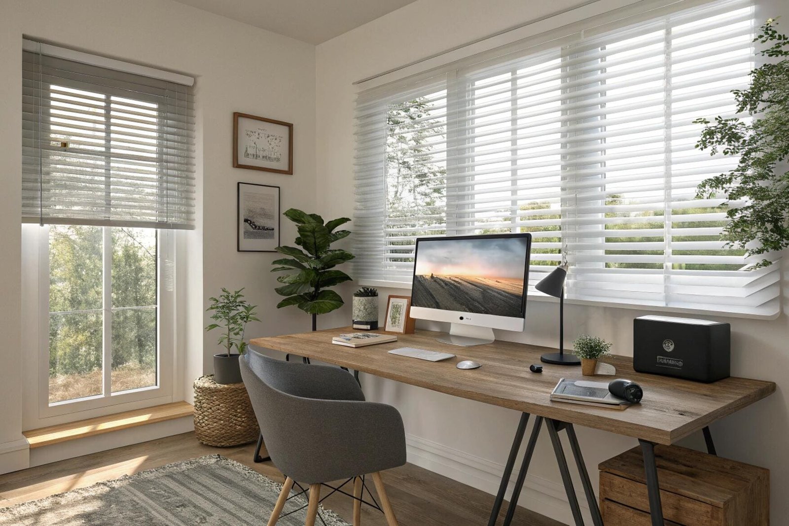 Home office with white and grey horizontal blinds for natural light