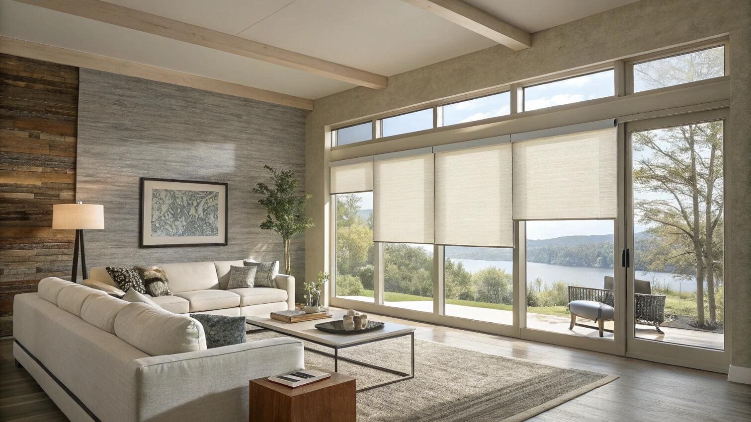 Spacious living room with natural light filtering roller shades