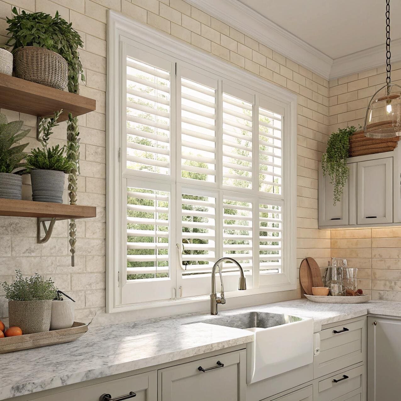 Classic kitchen with white plantation shutters and marble countertop