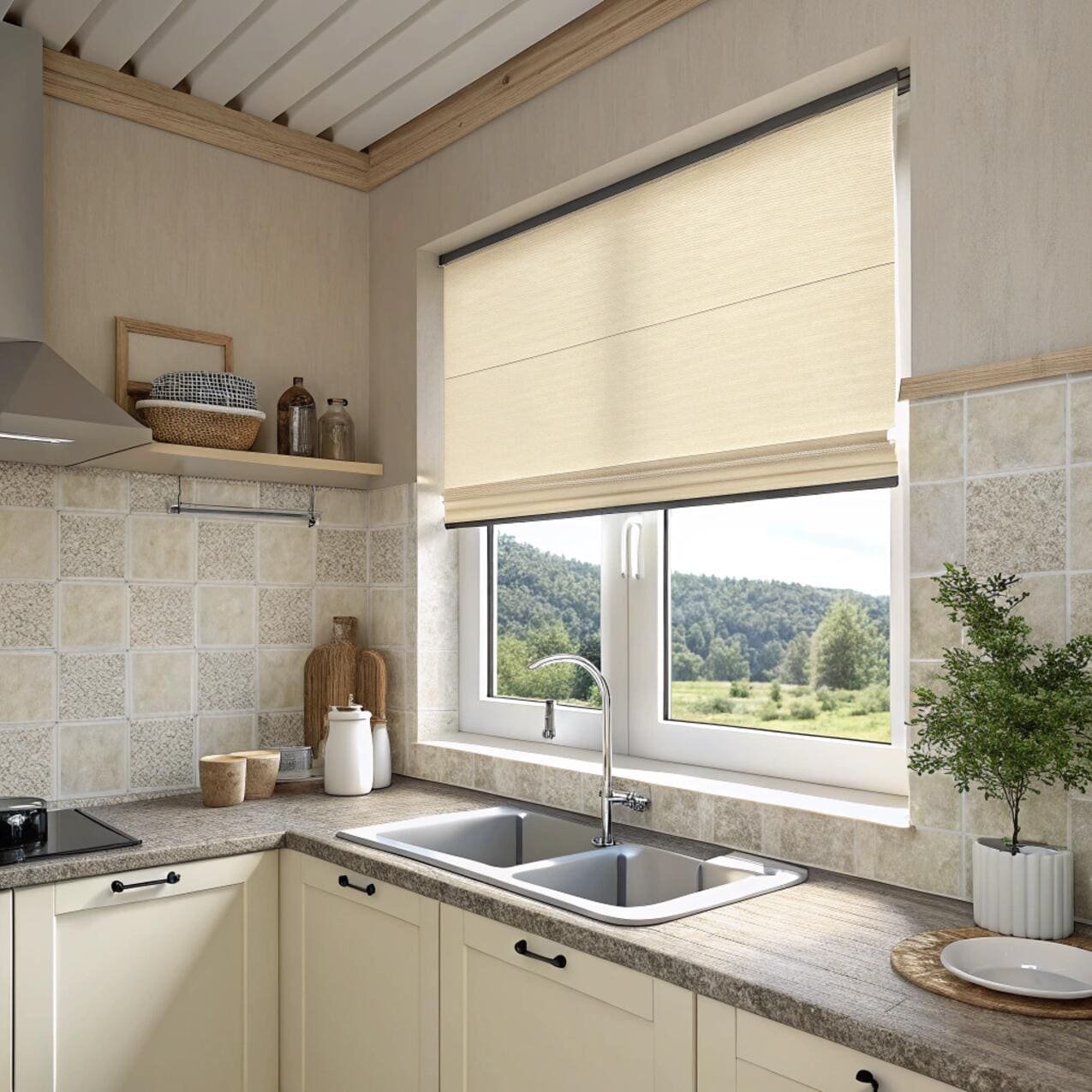 Beige kitchen with light filtering roller blinds