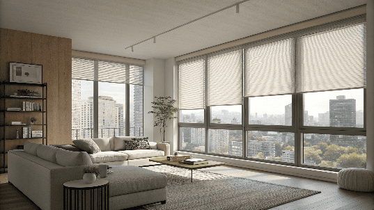 Living room with city view and pleated blinds