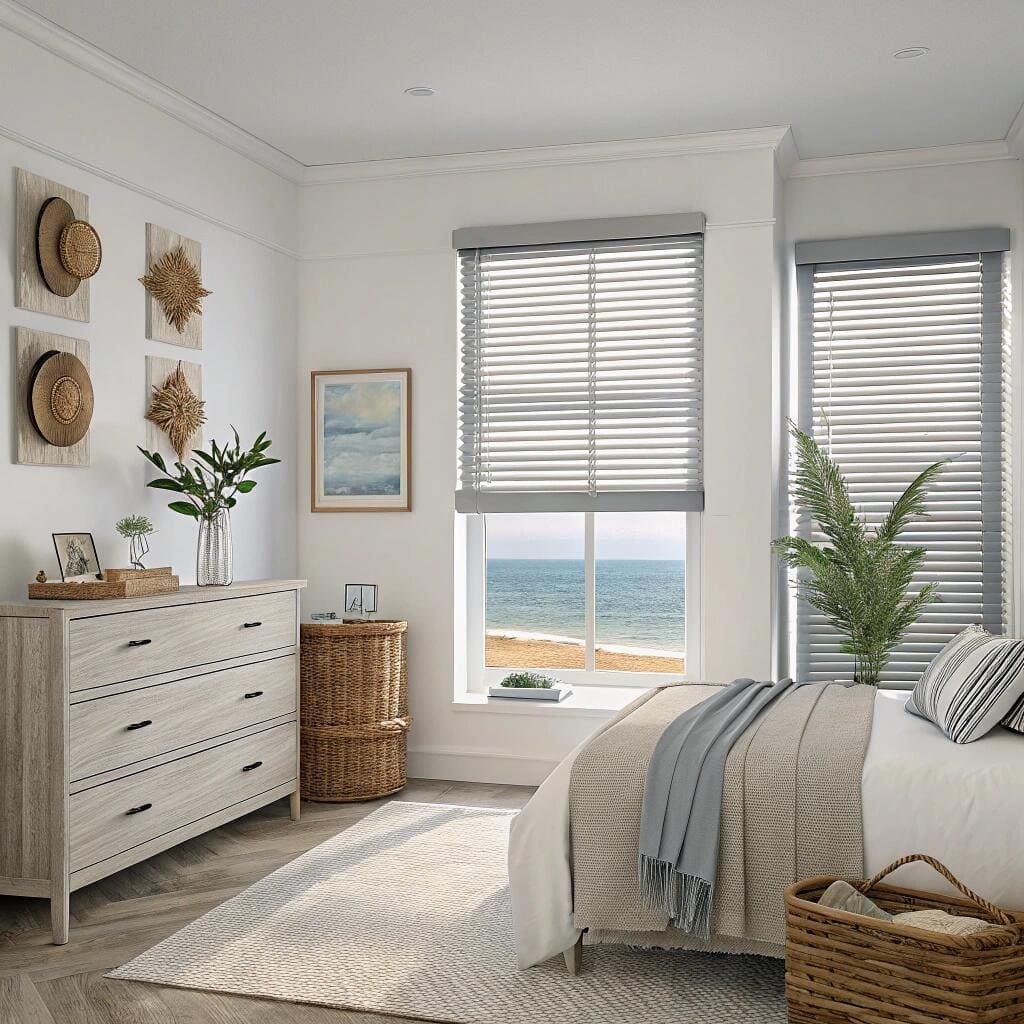 Coastal bedroom with gray faux wood blinds