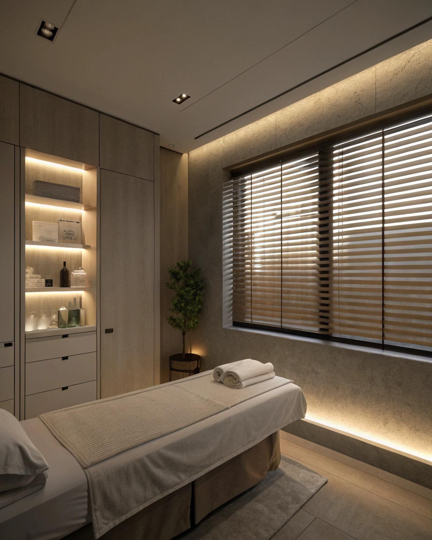 Spa treatment room with wooden horizontal blinds and accent lighting
