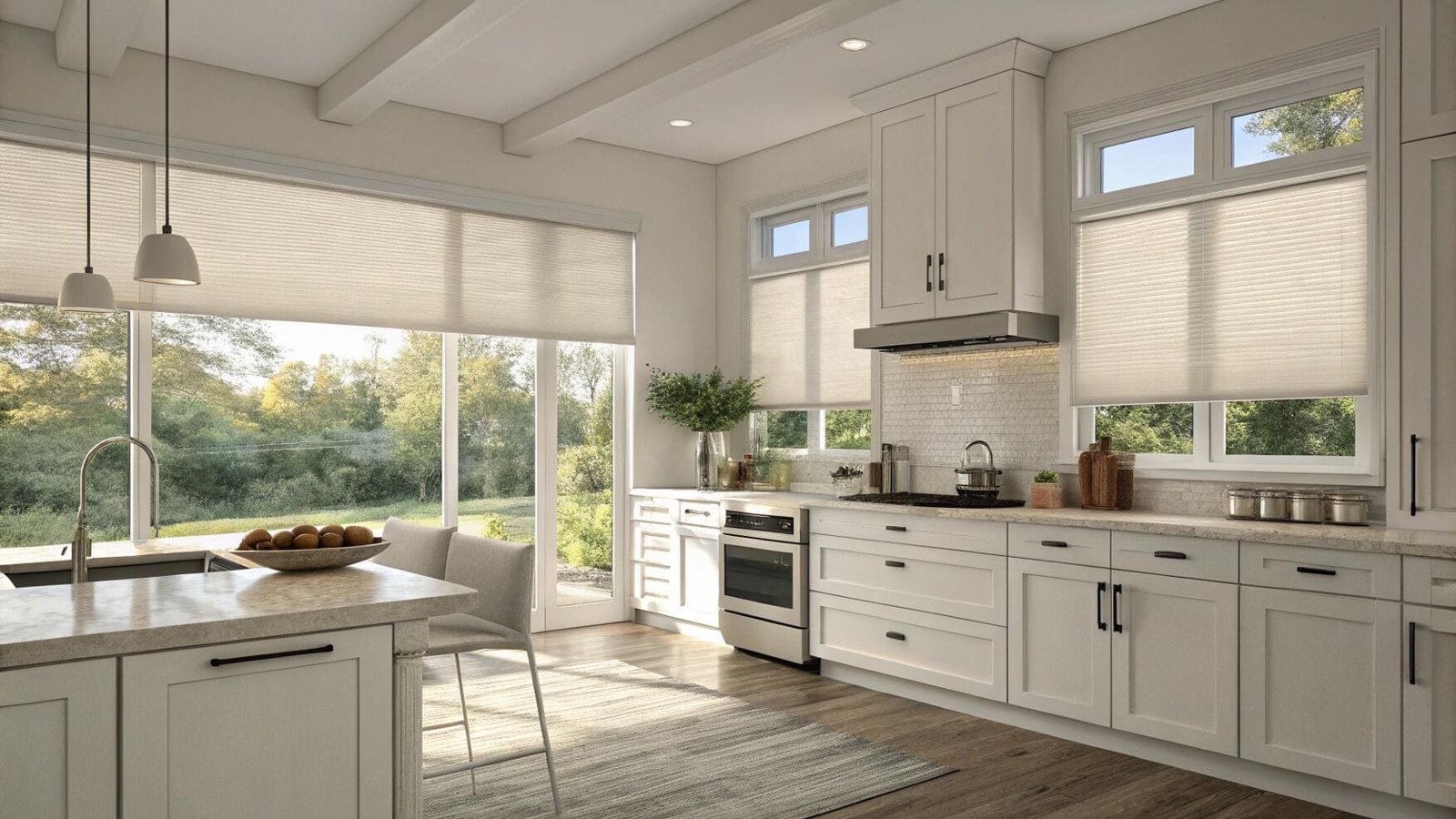White kitchen with light cellular shades and a large patio door