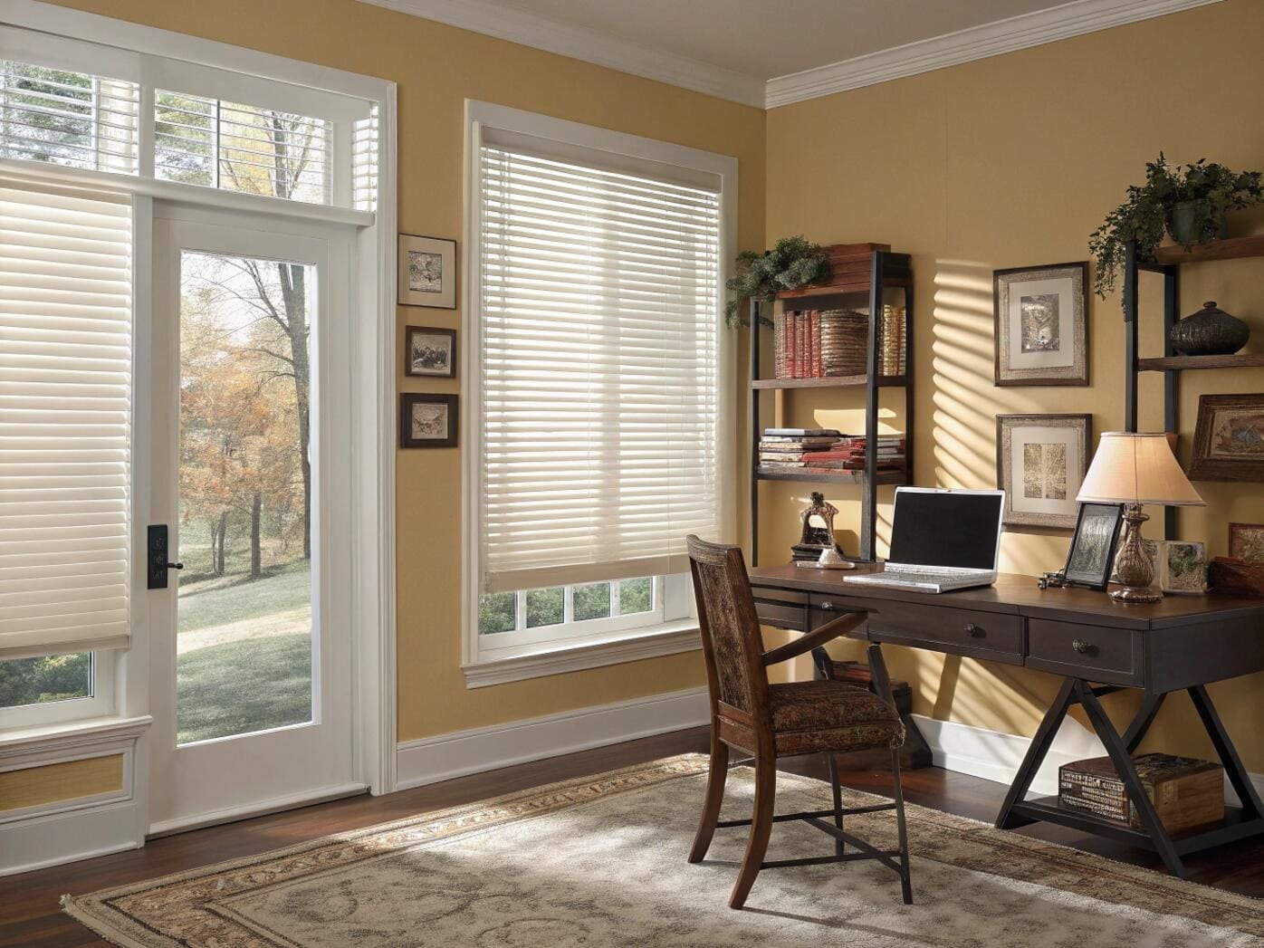 Home office with white horizontal blinds and glass patio door