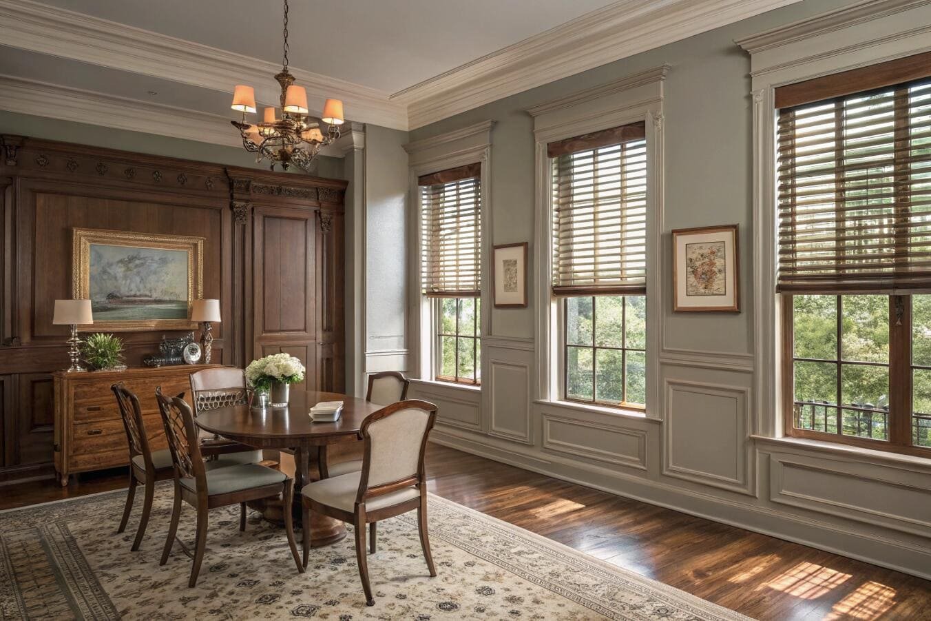 Formal dining room with dark wood horizontal blinds