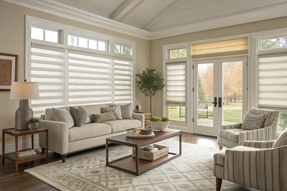 Inviting living room with layered sheer shades on large windows
