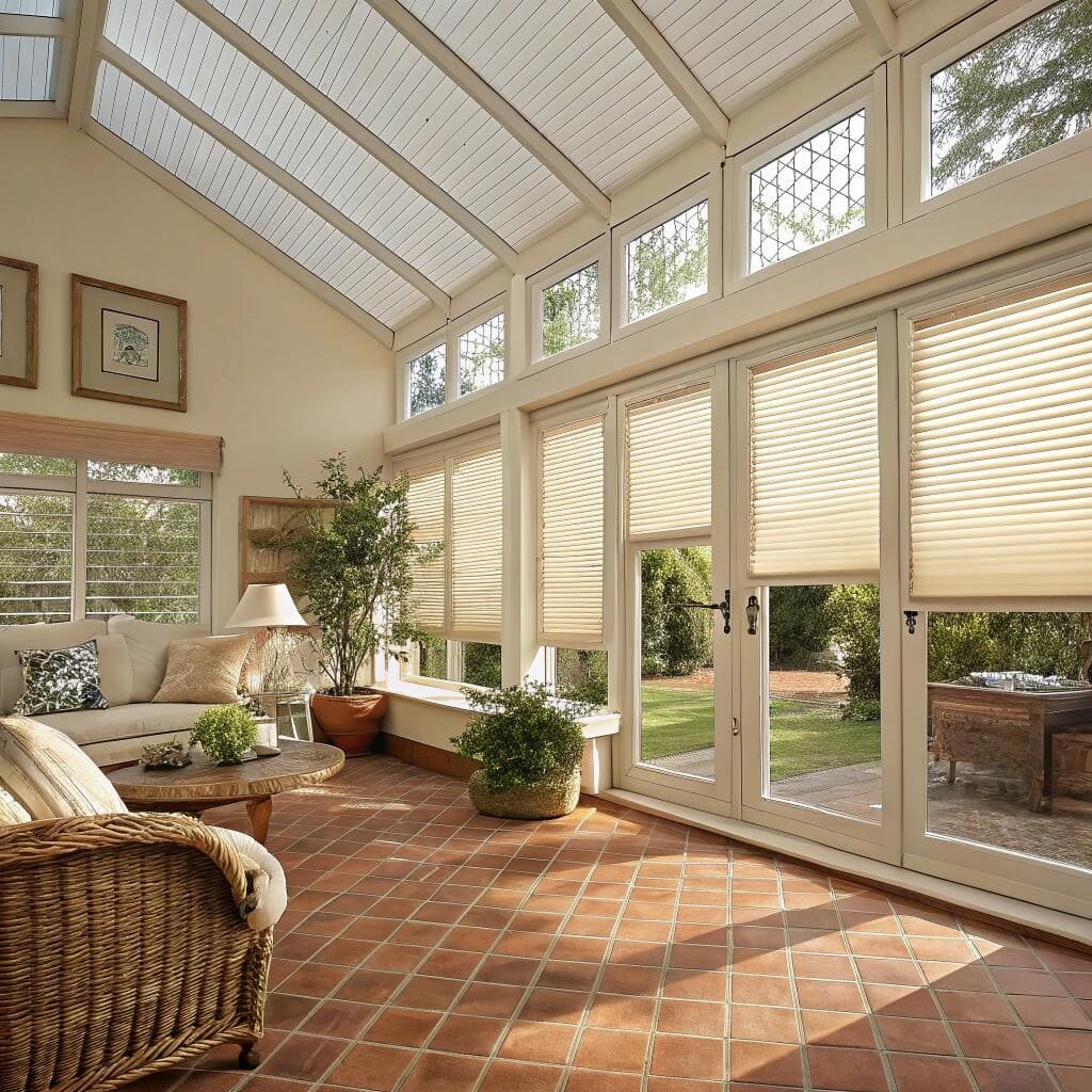 Sunroom with light filtering honeycomb shades